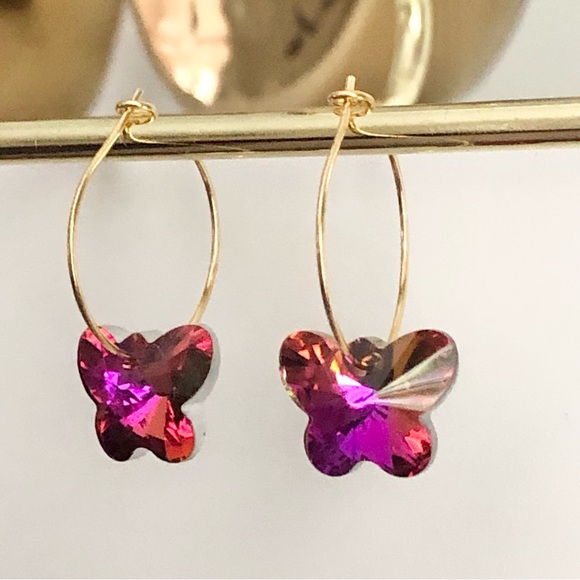 New Handmade Sparkling Dangling Crystal Butterfly Hoop Earrings Magenta Pink - Picture 7 of 7